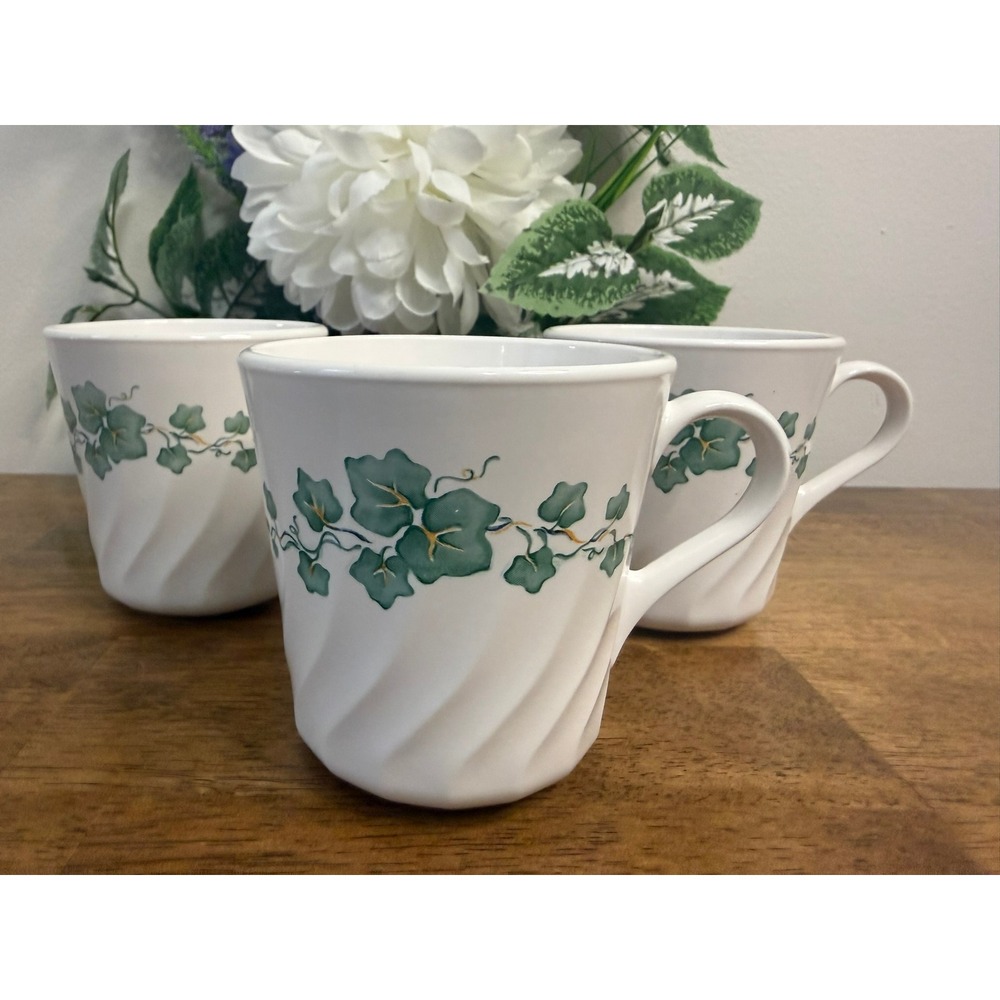 Vintage Corelle Callaway Green Ivy Swirl Mugs Set of 3 Retro‎ Kitchen Dining